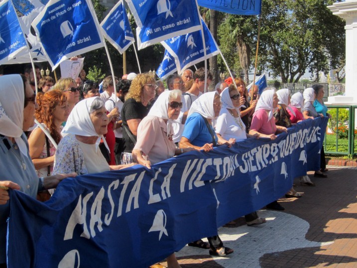 Every Thursday afternoon the Mothers of the Plaza de Mayo march in front of the central government of Argentina. They are honoring the memories of, by most accounts, 30,000 protesters who disappeared during the "Dirty War" between 1976-1983. The then military/dictorial government, so my daughter tells me, kidnapped