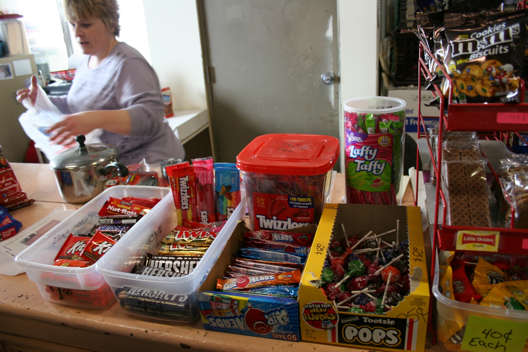 Like the old-fashioned general store, Bernadette has set up candy display, including my favorite Tootsie Pops.