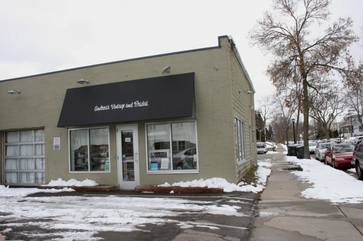 The unassuming exterior of Andrea's Vintage Bridal, housed in a former garage.