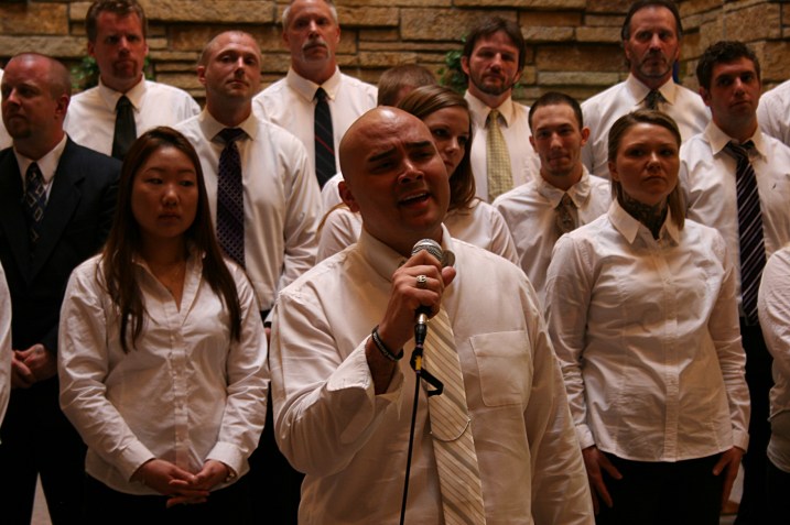 A member of the Minnesota Adult and Teen Challenge Choir sings a solo during a presentation on Sunday at Trinity Lutheran Church in Faribault.