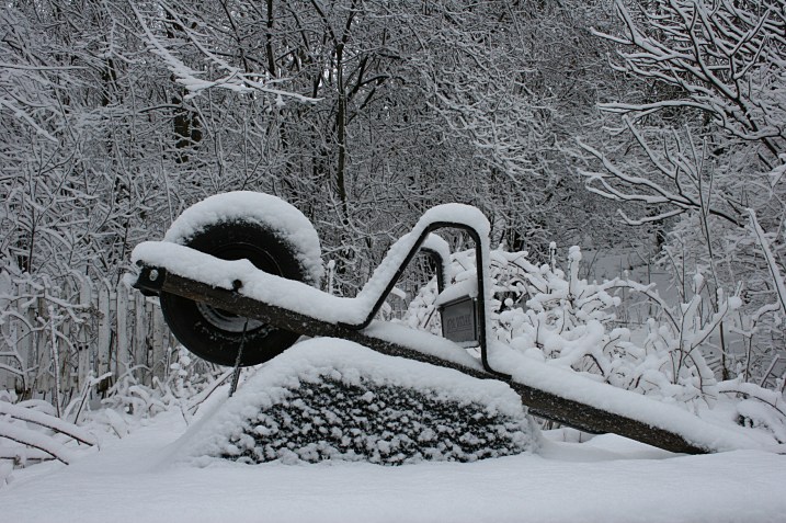 I should be using this wheelbarrow in my backyard, not photographing it covered with snow.