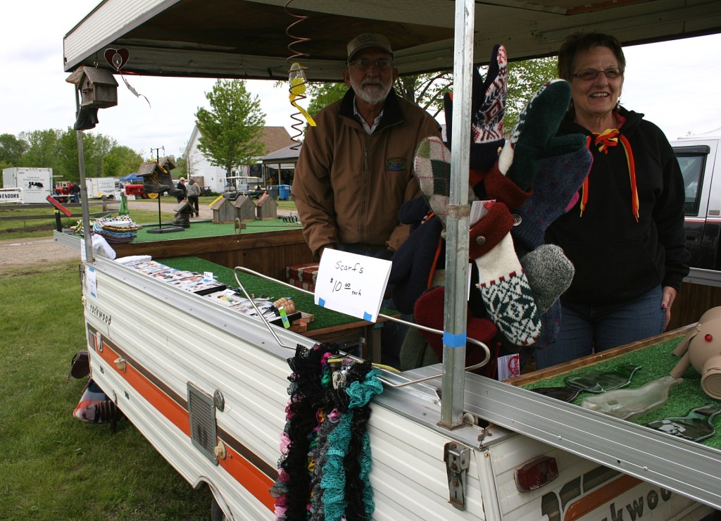 Linda Stadler arrived with her mittens to sell in Gerald Skluzacek's vendor trailer.