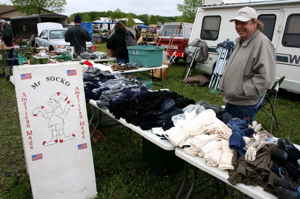 Mr. Socko, the sock guy, vends socks from Fox River Mills, which originated in Appleton, Wisconsin (home to the Fox River), before moving to Iowa.