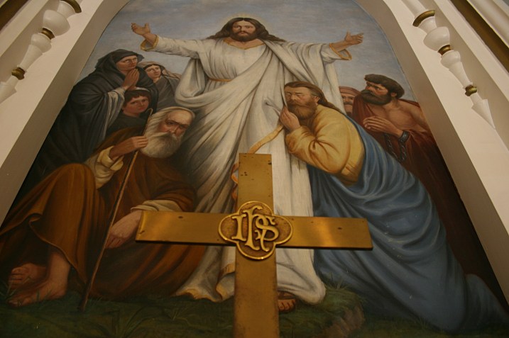 A full view of the altar painting done by A. Pederson and based on Matthew 28 - 30.