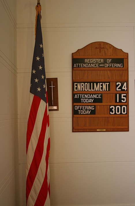 Stats, posted in a corner behind the organ at the front of the church.