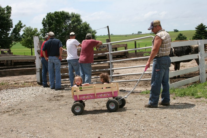 Fence leaning and wagon towing.
