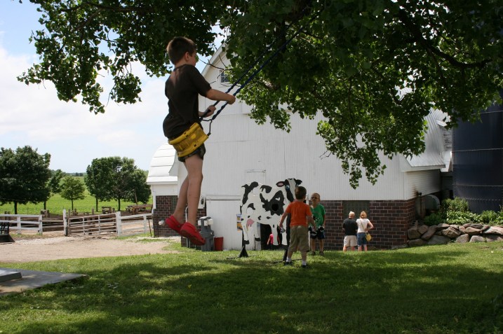 Simple country pleasures: swinging and playing cow bean bag toss.