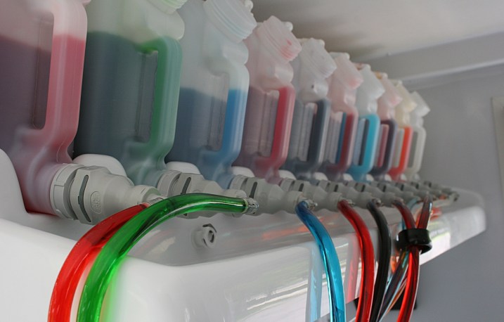 Flavor jugs and dispensing system inside the truck.