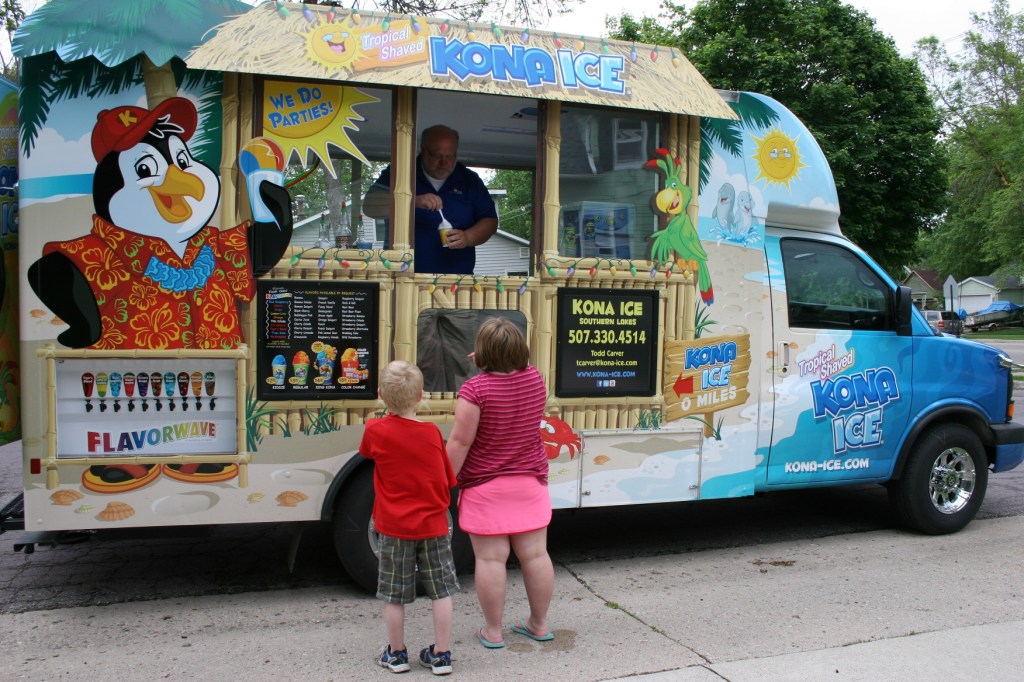 The colorful characters which are part of the Kona story are displayed on the colorful truck.