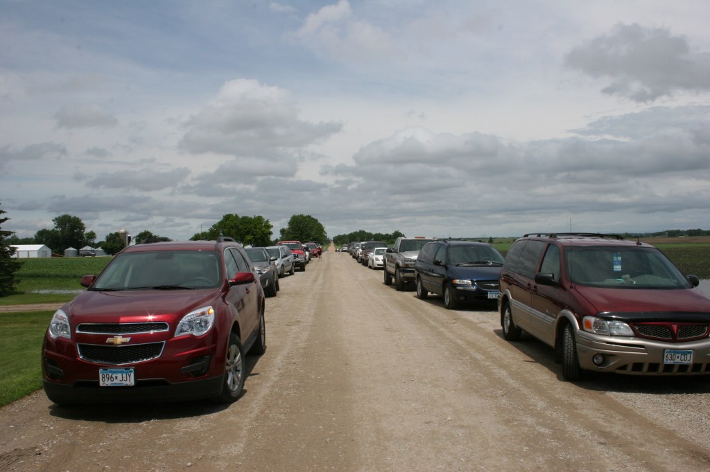 Vehicles lined both sides of Appleton Avenue near the Wegners' farm.