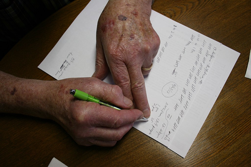 George's tally sheet. George pointed out a spot of skin cancer on his hand, said, he's dealt with bone cancer and now skin cancer. He's the most optimistic and cheerful person.