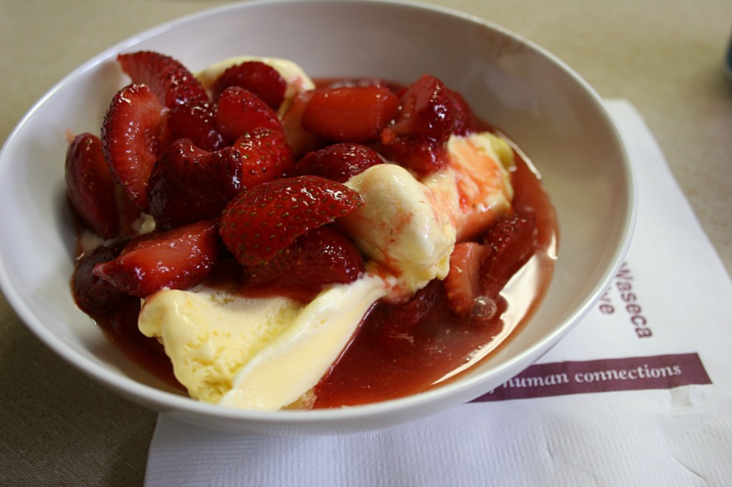 Then I returned for a generous bowl of ice cream heaped with fresh strawberries. I couldn't eat all of it, so my husband finished off the delicious dessert.