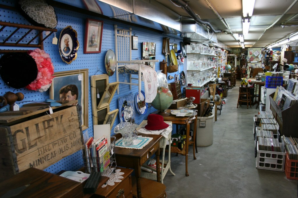 Shopping for antiques in the basement of Eckheart Gallery.