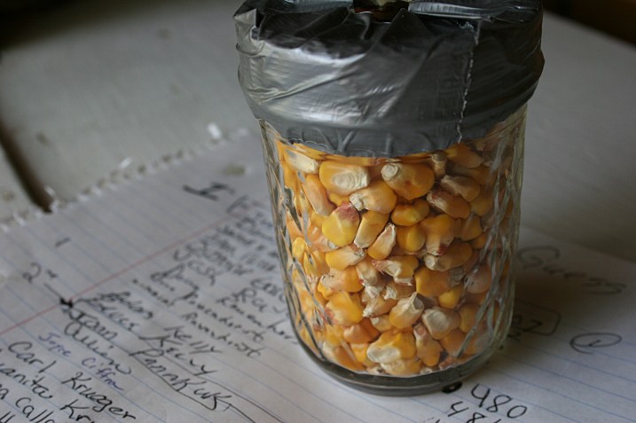 Guess the number of corn kernels in the duct taped jar and win a prize.