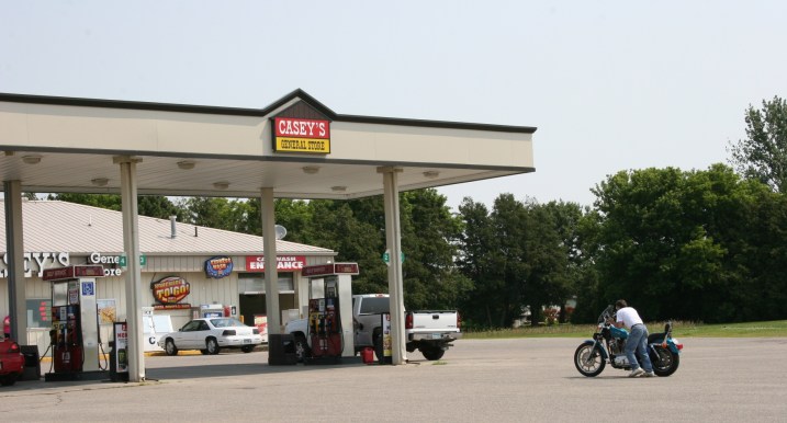 This biker ran out of gas and pushed his motorcycle up to the pumps at Caseys in Hayfield, just off Minnesota Highway 56.