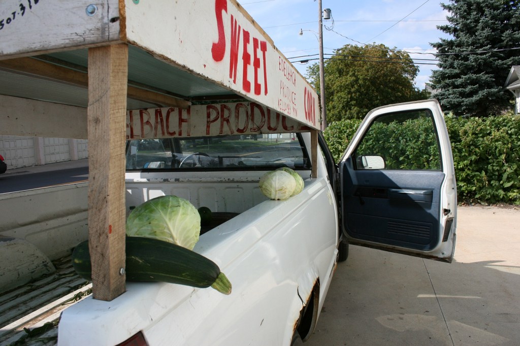 Even a few heads of cabbage for sale.