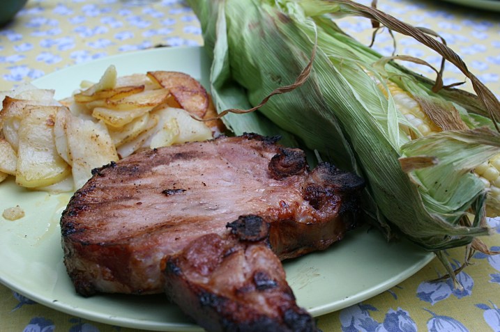 In less than two hours, we were feasting on Bill's sweetcorn; garden fresh potatoes purchased last week from another roadside vendor; and smoked pork chops bought fresh at a local grocery store meat counter.