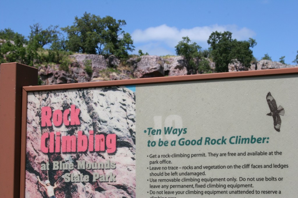No rock climbing for us, but if you're a rock climber, Blue Mounds allows this sport.