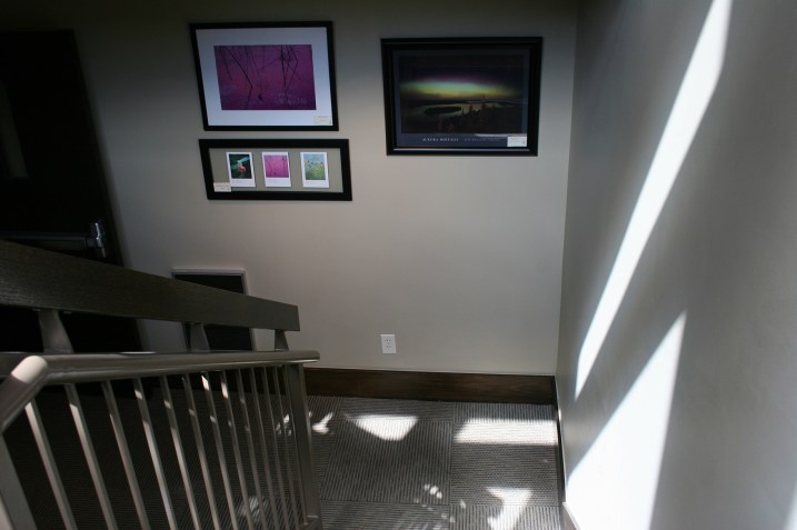 Light plays upon walls, floors and Brandenburg photos in a stairway display.