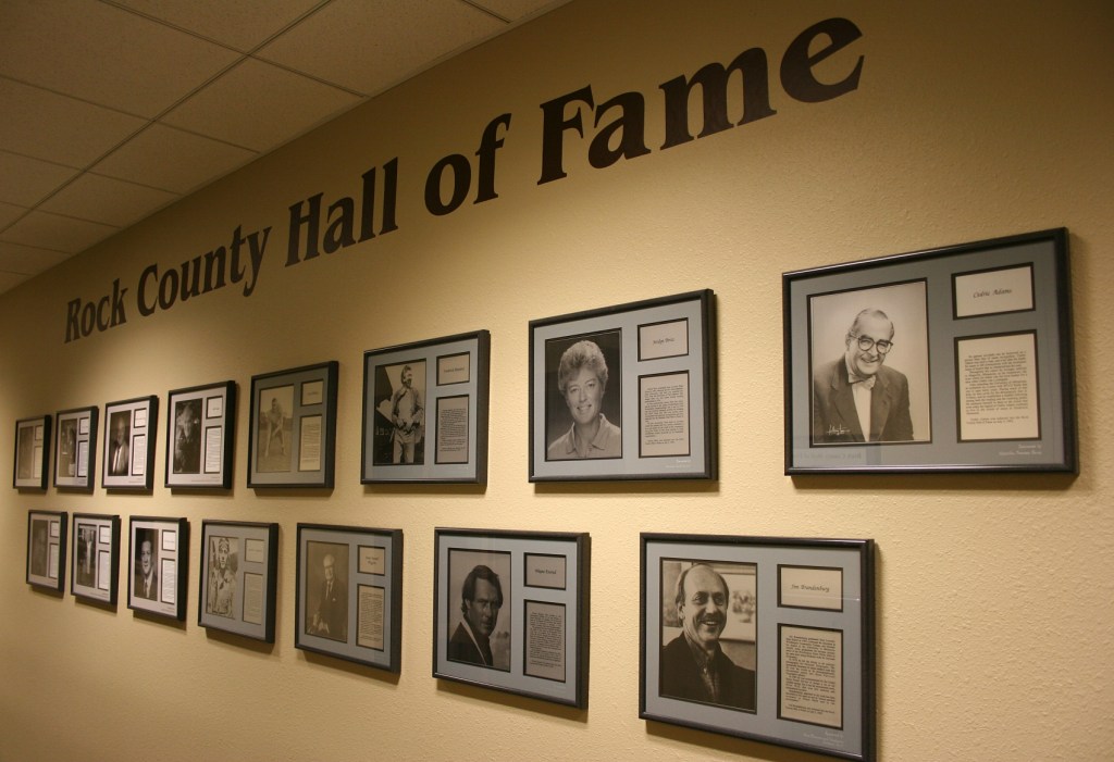 Brandenburg is among natives honored on a lower level hallway Rock County Hall of Fame. He's on the lower right.