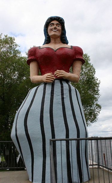 Paul Bunyan's sweetheart, Lucette, stands next to the library along Birch Lake.