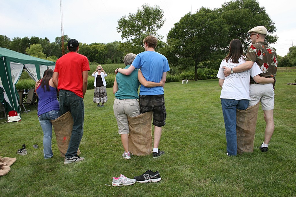 Husband and wife team, right; my son and his godmother, middle; and niece and nephew-in-law line up for a three-legged race.