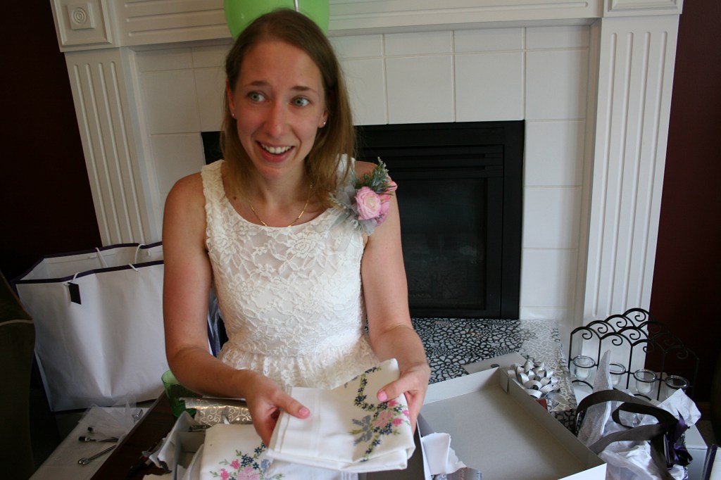 The most emotional moment of the shower came when Amber opened linens hand embroidered by her future husband's maternal grandmother, who died in 1992. She embroidered the linens to be gifted to her grandson's future bride.