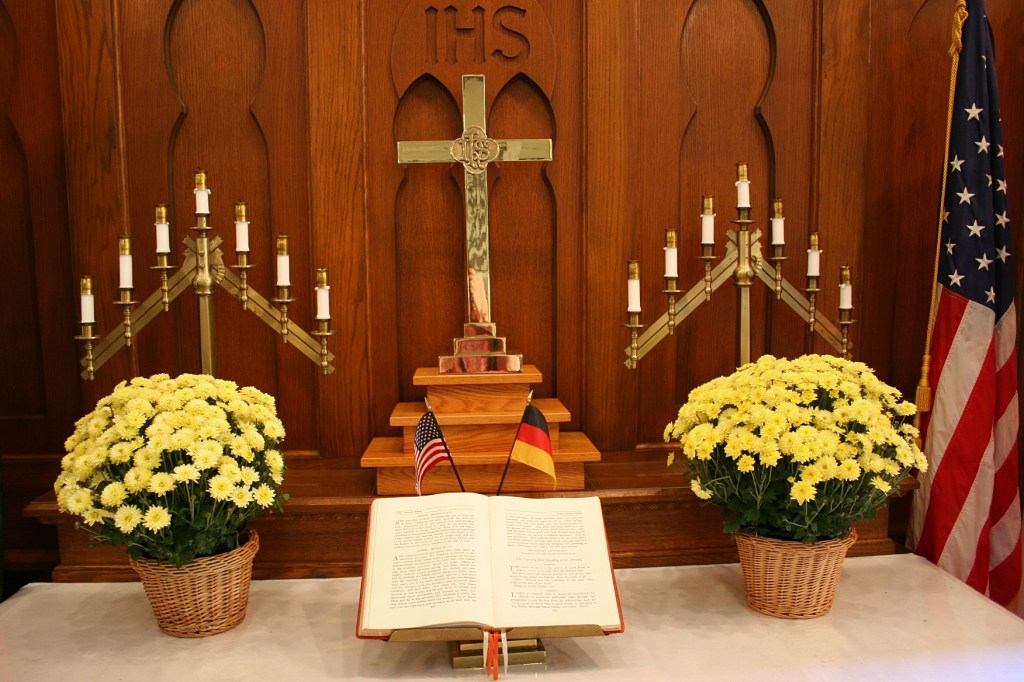 The beautifully-appointed altar, complete with German and American flags.