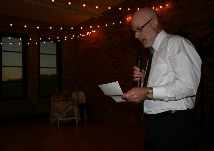 The father of the bride, my husband Randy, starts his speech. He asked me to help write the speech since I am, um, yes, a writer. It was a hit with a mix of memories, humor and seriousness.