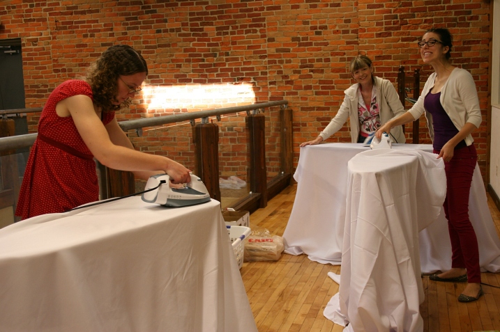 The ironing crew, from left, maid-of-honor Miranda (the bride's sister), Lynn (mother of the groom) and Stephani (sister-in-law of the groom and reader). Ironing was, by far, the biggest and longest task. I ironed all of the sashes and napkins prior to set up day, so did little ironing of tablecloths.