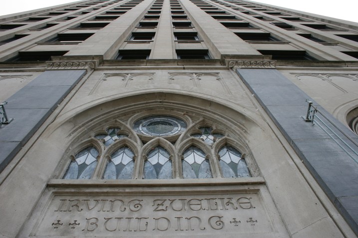 Steel, stone, marble and brass comprise the first seven floors of the Irving Zuelke building constructed in  1931. An additional five stories were added in 1951.