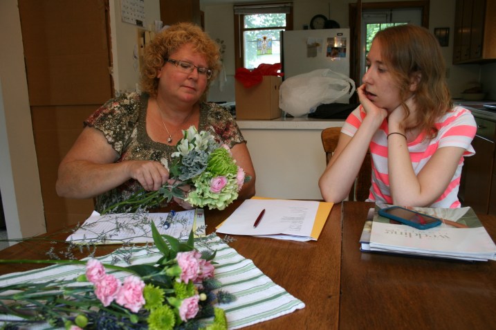 Armed with information Amber had emailed, my floral designer sister, Lanae of Waseca Floral, arrived at our home with fresh flowers and ideas.