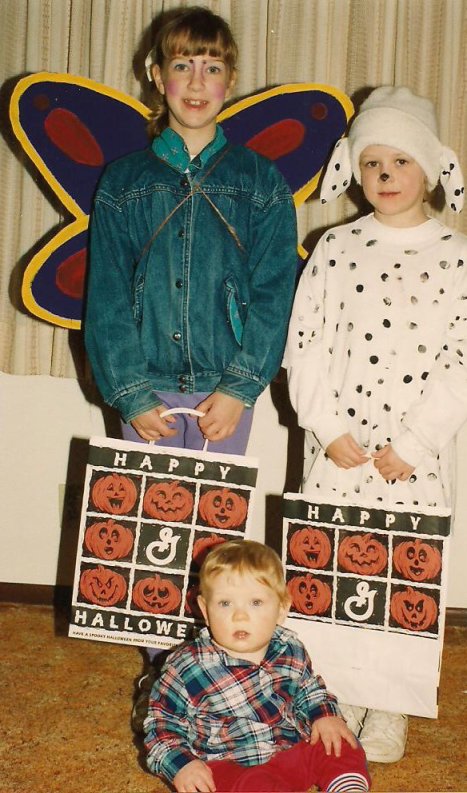 In 1994, my daughters, Amber, left, and Miranda, right, dressed as a butterfly and Dalmatian respectively. Their 10-month-old brother, Caleb, was too young to go trick-or-treating.