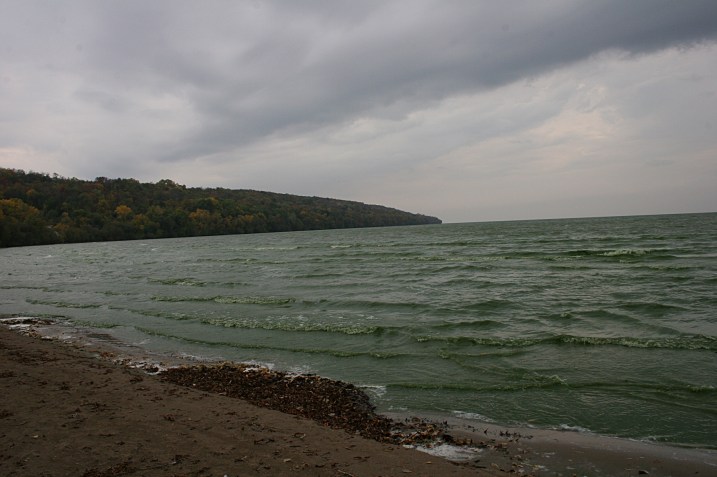 Blue-green Lake Winnebago as photographed from the beach at High Cliff State Park.