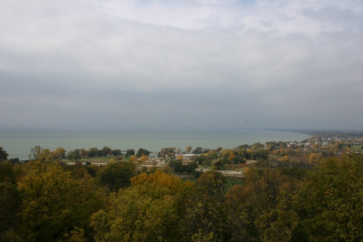 Sky and lake and land meld in this photo taken from atop a tower in High Cliff State Park. Photo by Miranda Helbling.