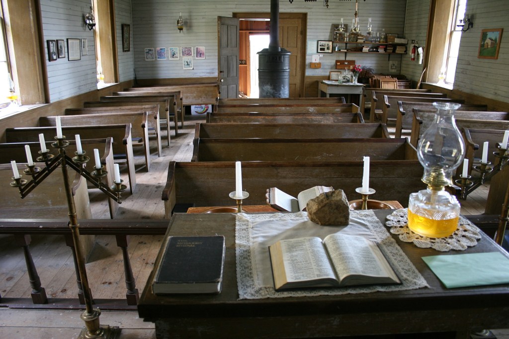 Looking from the front toward the back of the church.