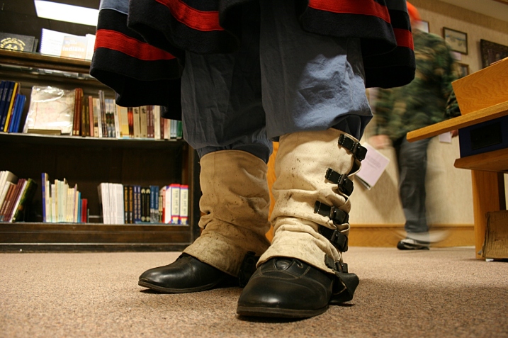 The buckled cloth covering worn by French Mary keeps mud from boots.