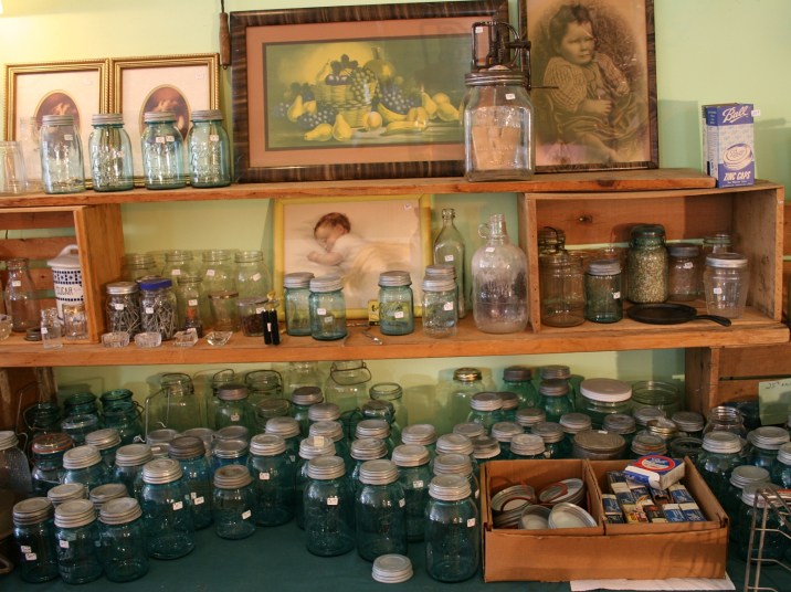 I wish I had known about these vintage blue canning jars when my daughter was planning for her September wedding. I rented quart sized jars like this for $2/each. Don is selling them for $3/each. He sold lots for weddings, he says, but the wedding demand seems to be fading. Now some are using the jars for lights.