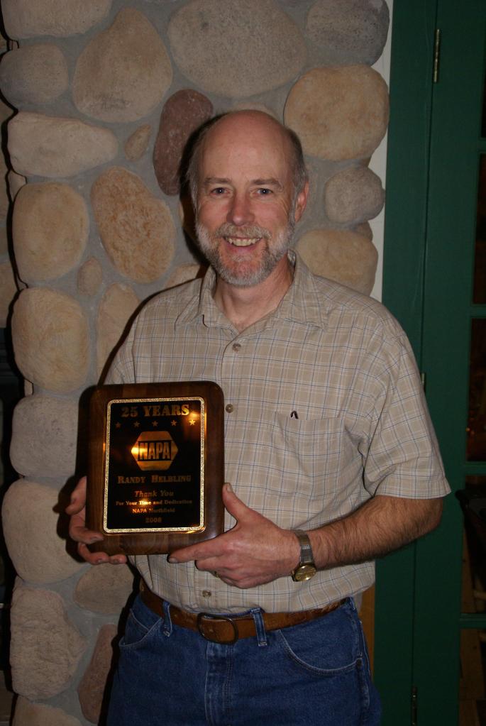 In 2008, Randy was recognized by his employer for 25 years of service to Parts Department, Inc., Northfield. Randy received a plaque, dinner out and a drill.