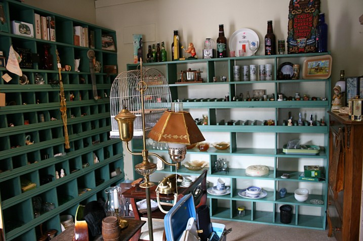 The fabulous reclaimed parts bins now hold antiques and collectibles.