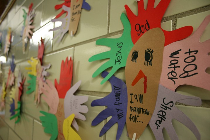 Hand and feet shapes used to make turkeys. And, bonus, students listed things for which they are thankful.