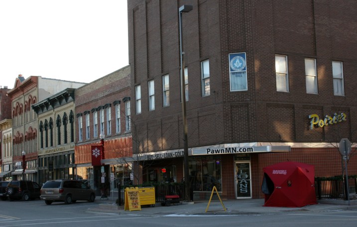 Pawn Minnesota often displays merchandise, including this fish house, outside its downtown Faribault store.