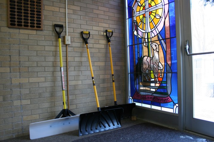 Fourth Avenue United Methodist Church in Faribault is prepared with a trio of snow shovels.