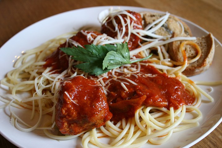 Spaghetti with homemade meatballs and sauce.