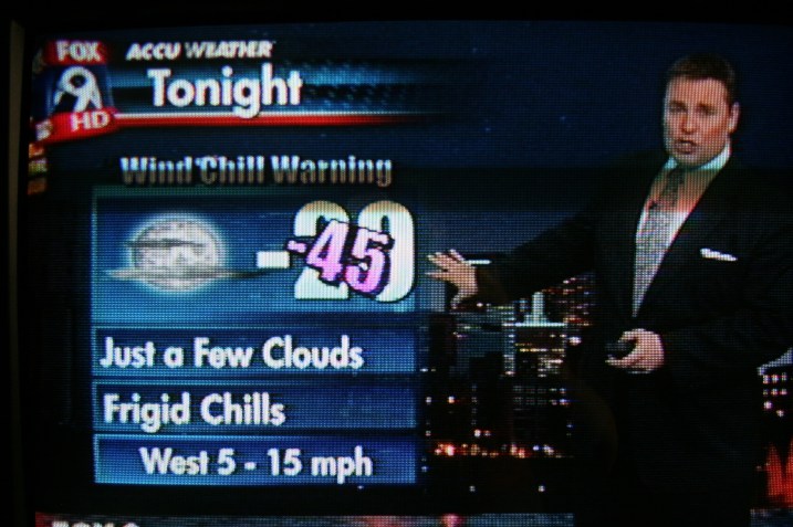 FOX 9 morning news on Monday shows temps and windchiills predicted for Monday evening.