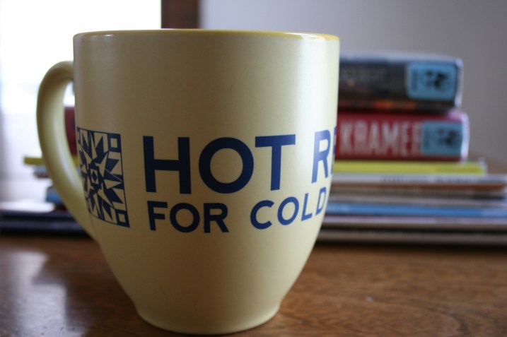 Every January the regional library system implements its reading incentive, appropriately named "Hot Reads for Cold Nights." My mom gave me this mug, which she got from her library system.