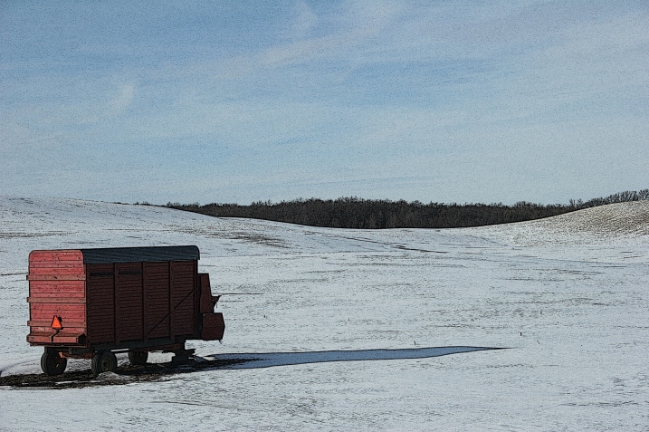The punctuation of a red wagon and its shadow stretching across the snow draw my attention.