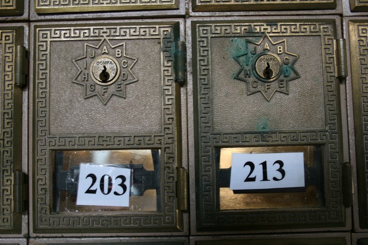 Garden City post office, boxes up close