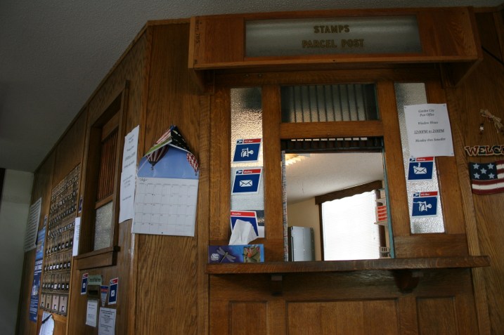Garden City post office, window and boxes