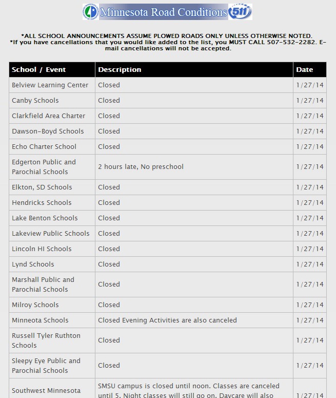 A screen shot of MarshallRadio.net's weather-related closings list this morning. This shows only a portion of the closings listed for that area of southwestern Minnesota.